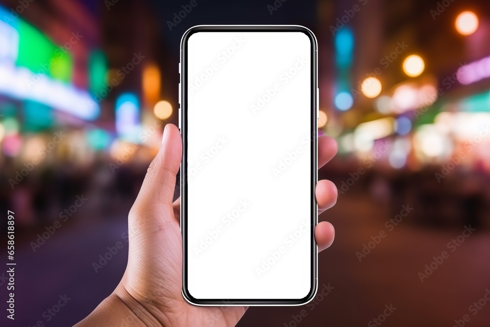 Blank smartphone mock up. Hand holds phone with an empty screen on a night city background. AI generated Blank smartphone mock up. Hand holds phone with an empty screen on a night city background. AI generated