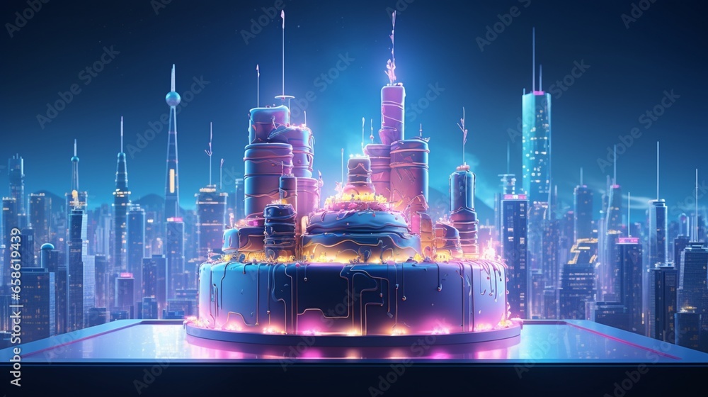 a birthday cake with a futuristic, neon-lit cityscape as its backdrop. 