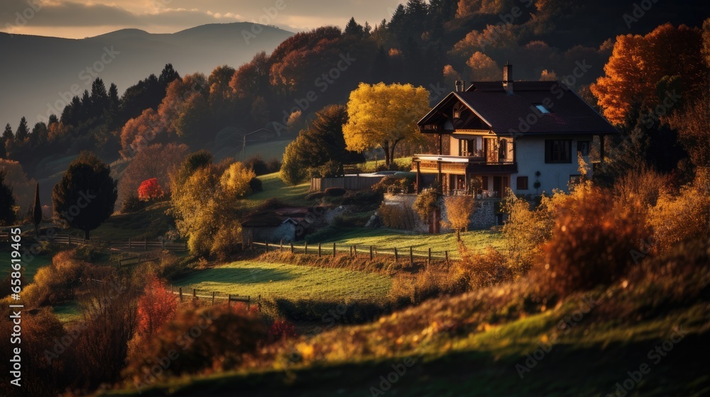 Fototapeta premium Valley with beautiful houses at sunset in the autumn