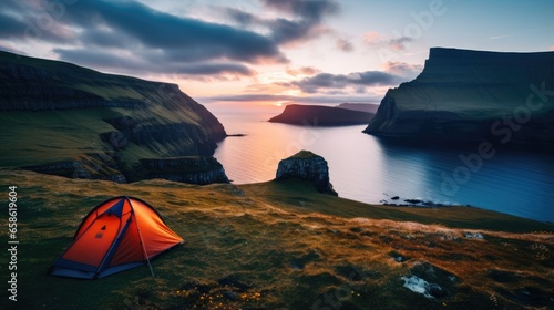 The Faroe Islands have steep cliffs. Seaside fjords, waterfalls and fields