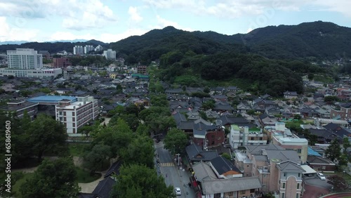 Jeonju Hanok Village from aerial drone view. Korean wooden traditional houses