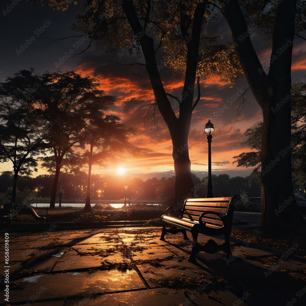 Moonlit Solitude: A Park Bench on a Wet Sidewalk at Night,bench in the park,bench at night