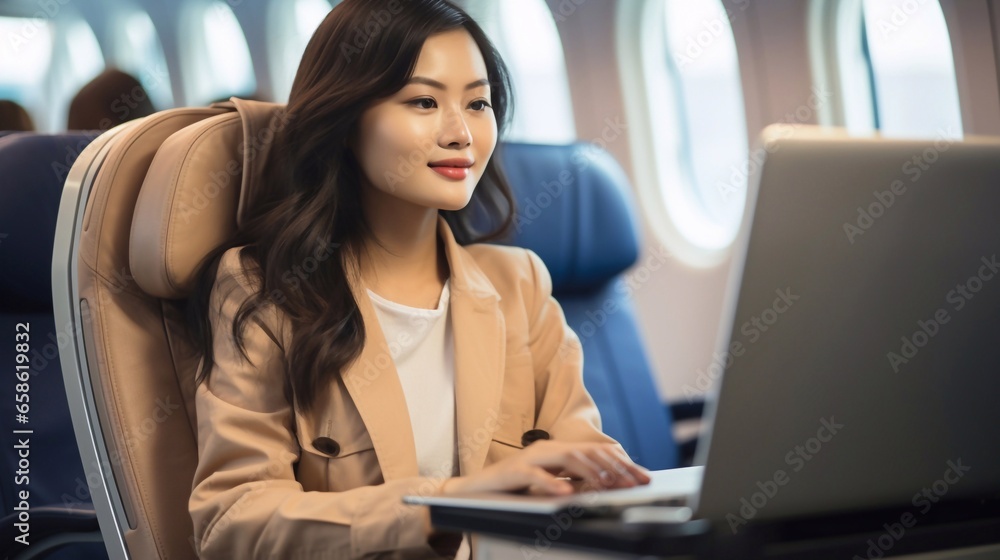 Cloud Bound Productivity Laptop Driven Passenger in Airplane Enhanced by Generative AI Cloud Bound Productivity Laptop Driven Passenger in Airplane Enhanced by Generative AI