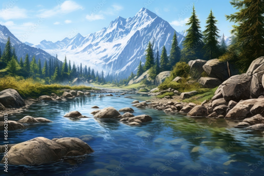 Fototapeta premium A serene painting of a mountain stream flowing through a scenic landscape with rocks and trees. Perfect for nature enthusiasts and those seeking a calming atmosphere. .