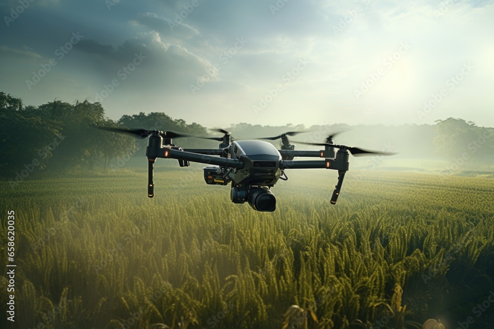 A drone is captured flying over a vast field of lush green grass. This image can be used to depict modern technology, aerial photography, or the beauty of nature from a unique perspective. - obrazy, fototapety, plakaty 