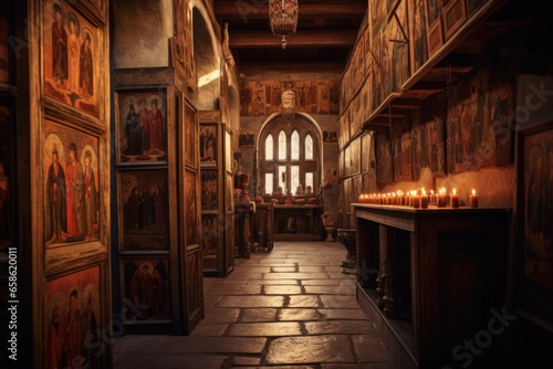 A photograph of a church interior illuminated by numerous candles. This image captures the warm and serene ambiance of a candlelit space. Perfect for religious or spiritual themes, as well as for crea