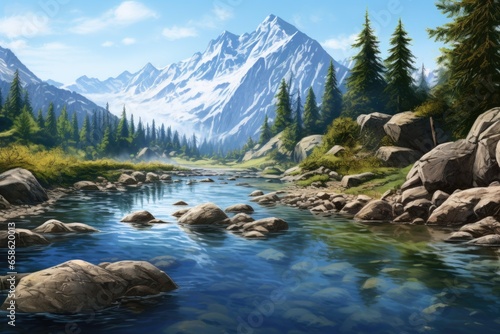 A serene painting of a mountain stream flowing through a scenic landscape with rocks and trees. Perfect for nature enthusiasts and those seeking a calming atmosphere. .