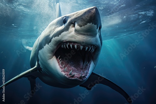 A powerful image of a great white shark with its mouth wide open in the water. Perfect for illustrating the intensity and danger of these magnificent creatures. Ideal for use in educational materials, © Fotograf