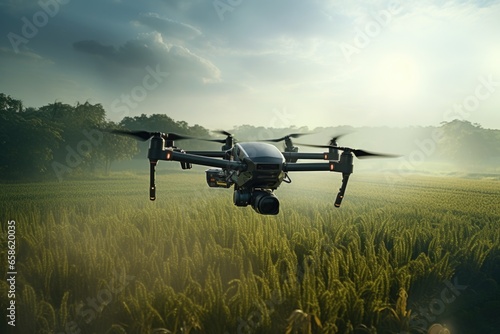 A drone is captured flying over a vast field of lush green grass. This image can be used to depict modern technology, aerial photography, or the beauty of nature from a unique perspective.