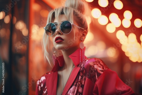 A woman wearing sunglasses and a red jacket. This image can be used to portray a stylish and confident woman in various settings. © Fotograf