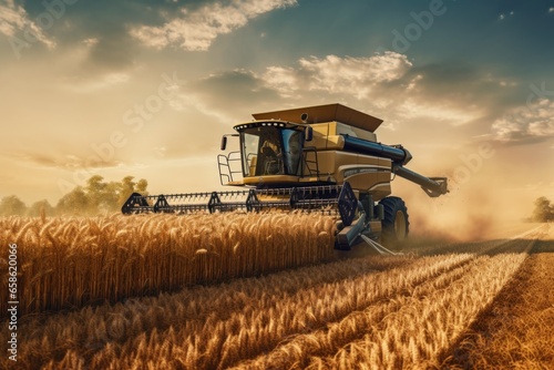 A powerful combine harvester in action  harvesting ripe wheat in a vast field. Perfect for agricultural and farming concepts.