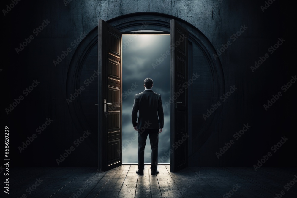 A man is pictured standing in front of an open door. This image can be used to represent new opportunities, choices, or the beginning of a new journey.