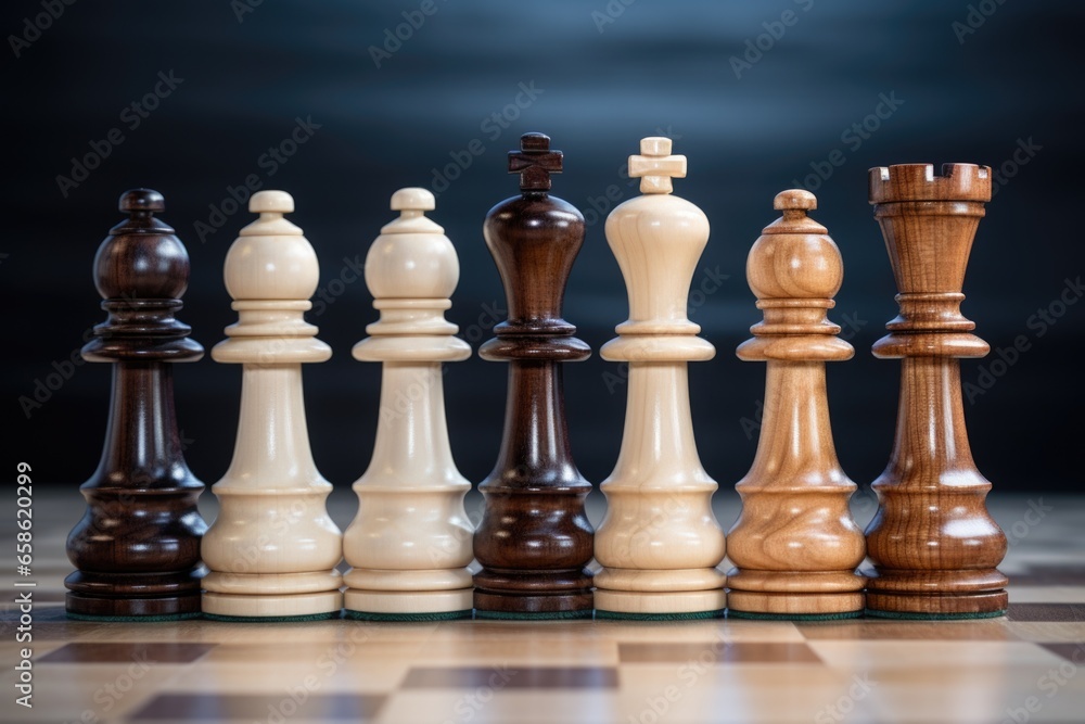 A group of chess pieces sitting on top of a chess board. This image can be used to depict strategy, competition, or the game of chess in general. A group of chess pieces sitting on top of a chess board. This image can be used to depict strategy, competition, or the game of chess in general.