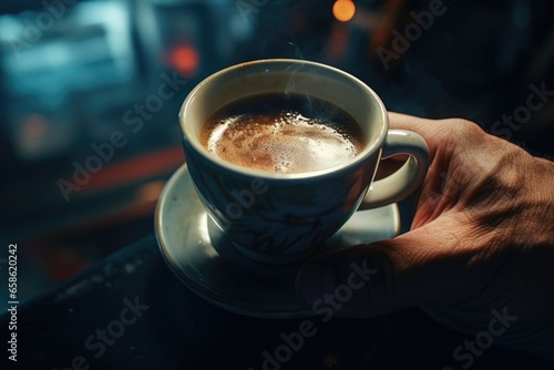 A person holding a cup of coffee on a saucer. Suitable for coffee shop promotions and lifestyle articles.