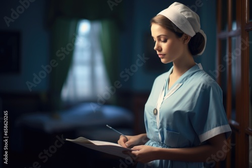 A woman dressed in a nurse's uniform is seen writing on a piece of paper. This image can be used to depict a nurse carrying out administrative tasks or documenting patient information.