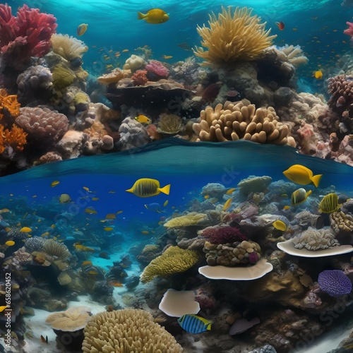 A panoramic view of a vibrant and diverse coral reef ecosystem teeming with marine life3