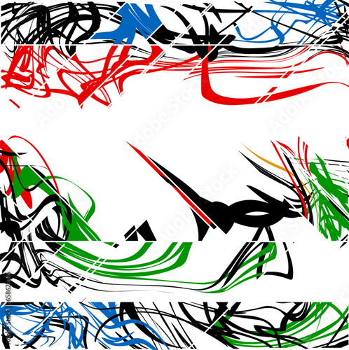 Colorful abstract painting with a sharp protrusion in the middle of the art.