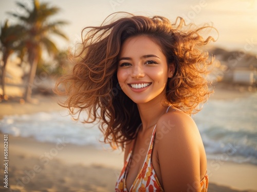 Smiling Woman by the Sea,Joyful Woman at the Beach,Beach Bliss: Portrait of a Radiant Woman by the Seashore,Happy Woman at the Beach