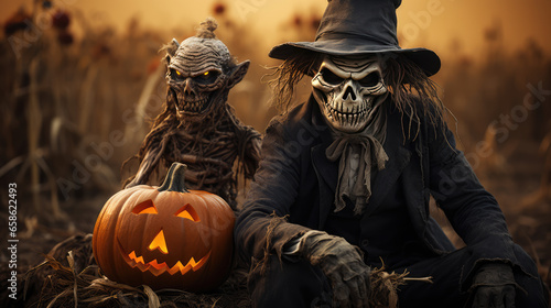 A scary garden scarecrow and a creepy skeleton sit with a Jack-o'-lantern in a corn field. Halloween design. AI generated