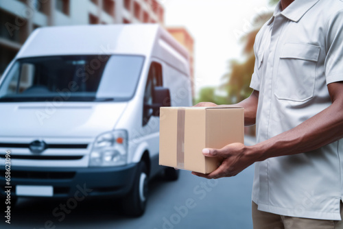 Close up hands of delivery man holding parcel box or cardboard box in front of delivery car. Distribution concept of transportation and delivery. © cwa