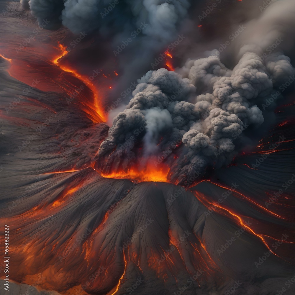 A satellite image of a volcanic eruption with lava flows and ash plumes, displaying Earth's geological forces1