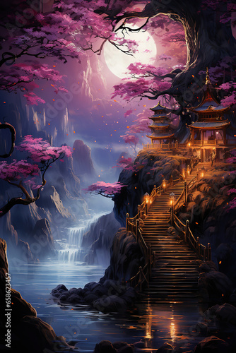 Moonlit Serenity: A Japanese Temple Village at Night
