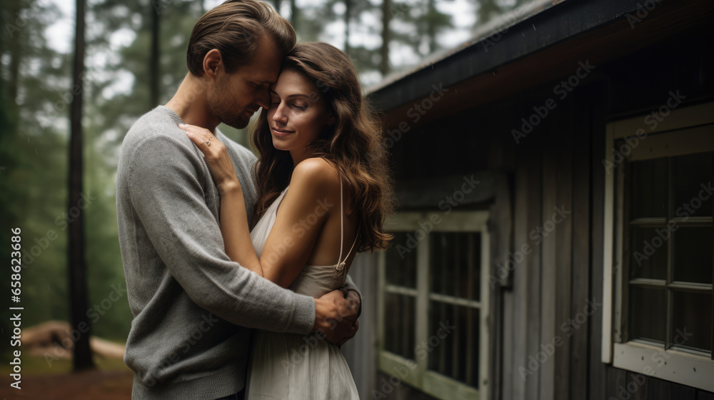 happy young couple hugging and looking at each other while standing near wooden house happy young couple hugging and looking at each other while standing near wooden house