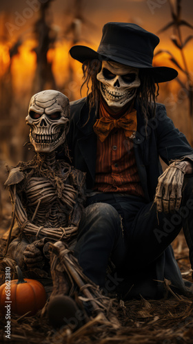 A scary garden scarecrow and a creepy skeleton sit in a corn field. Halloween design. AI generated