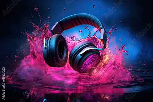 headphones with dark purplecolored glow behind them. an audio music concept illustration of headphones photo