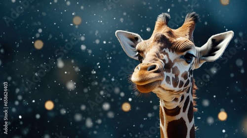 Close-up portrait of giraffe head. New Year animal concept or Christmas winter holidays. Holidays are coming. Funny animal on outdoor winter background with snow.