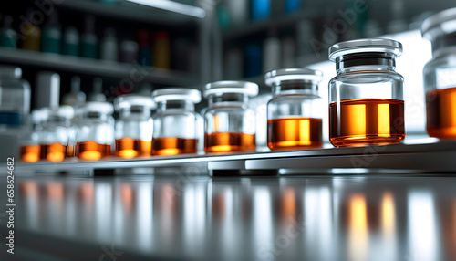  Laboratory glassware with colored liquid, science research and development concept