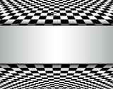 3D background with a black and white checkerboard pattern and a white banner in the middle.