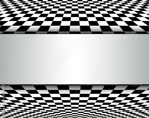 3D background with a black and white checkerboard pattern and a white banner in the middle.