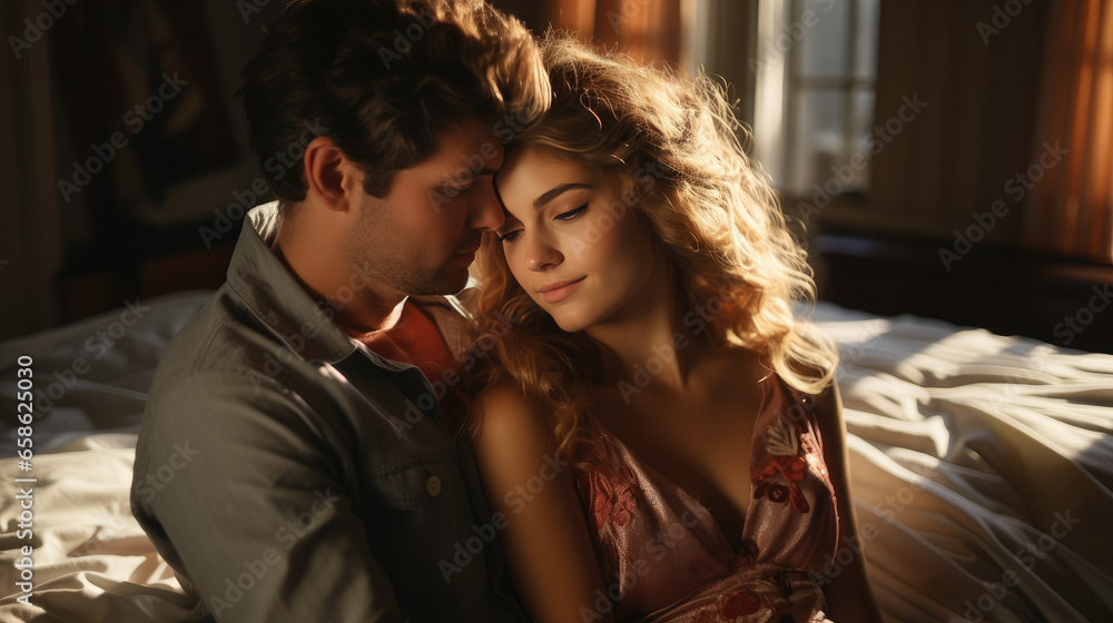 Generative AI, beautiful young man and woman, couple of lovers lying in bed, family, love, romance, passion, guy, girl, day off, sex life, date, valentine's day, relationship, time together, light Generative AI, beautiful young man and woman, couple of lovers lying in bed, family, love, romance, passion, guy, girl, day off, sex life, date, valentine's day, relationship, time together, light