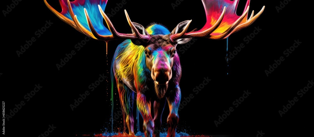 Painted colorful moose animal, they show off in beautiful colors. isolated black background. Pattern for t-shirt printing, Generative AI Painted colorful moose animal, they show off in beautiful colors. isolated black background. Pattern for t-shirt printing, Generative AI
