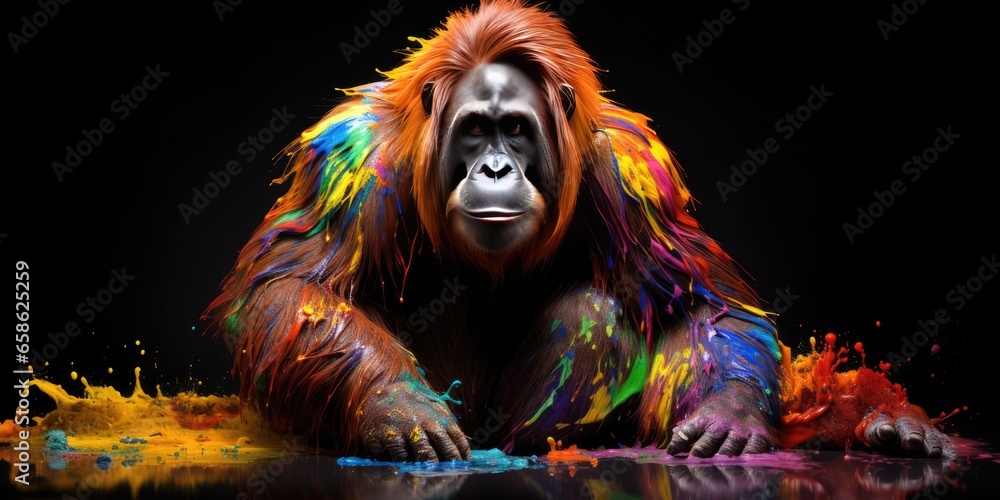 Painted colorful orangutan  animal, they show off in beautiful colors. isolated black background. Pattern for t-shirt printing, Generative AI