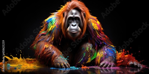 Painted colorful orangutan animal, they show off in beautiful colors. isolated black background. Pattern for t-shirt printing, Generative AI