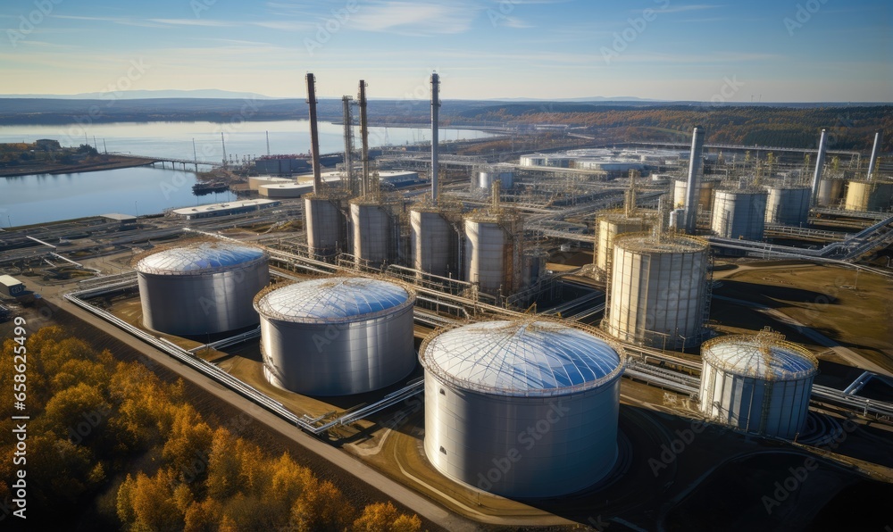 Modern industrial plant. Big oil tanks in refinery base. Storage of chemical products like oil, petrol, gas. Aerial view of petrol industrial zone. Modern industrial plant. Big oil tanks in refinery base. Storage of chemical products like oil, petrol, gas. Aerial view of petrol industrial zone.
