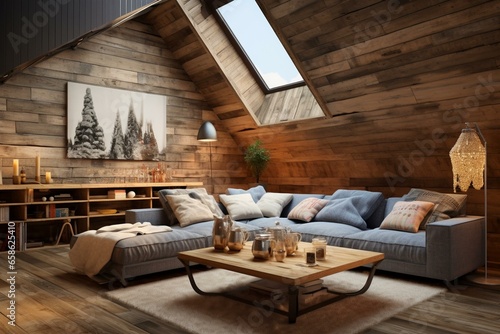Cozy loft living room with rustic wooden wall. Generative AI © Clio