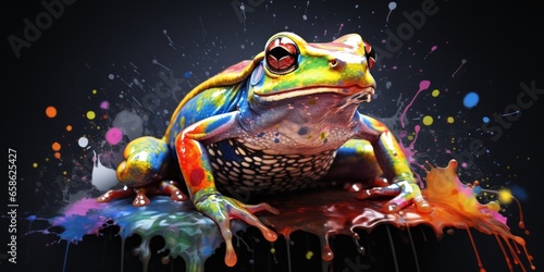Painted colorful  frog animal, they show off in beautiful colors. isolated black background. Pattern for t-shirt printing, Generative AI
