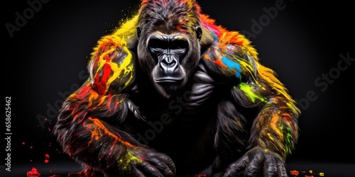 Painted colorful gorilla animal, they show off in beautiful colors. isolated black background. Pattern for t-shirt printing, Generative AI