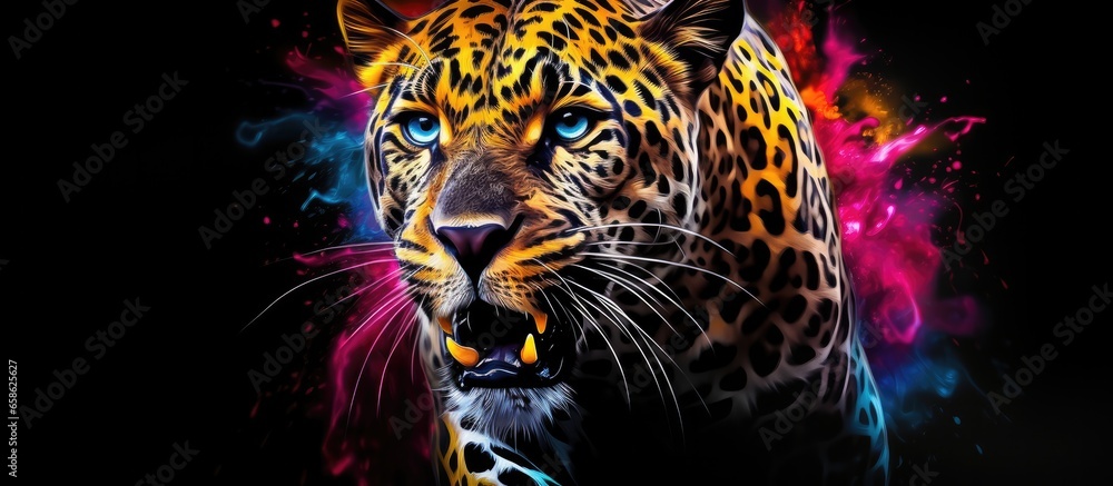 Painted colorful  jaguar animal, they show off in beautiful colors. isolated black background. Pattern for t-shirt printing, Generative AI