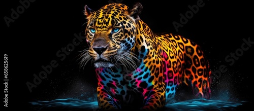 Painted colorful  jaguar animal  they show off in beautiful colors. isolated black background. Pattern for t-shirt printing  Generative AI