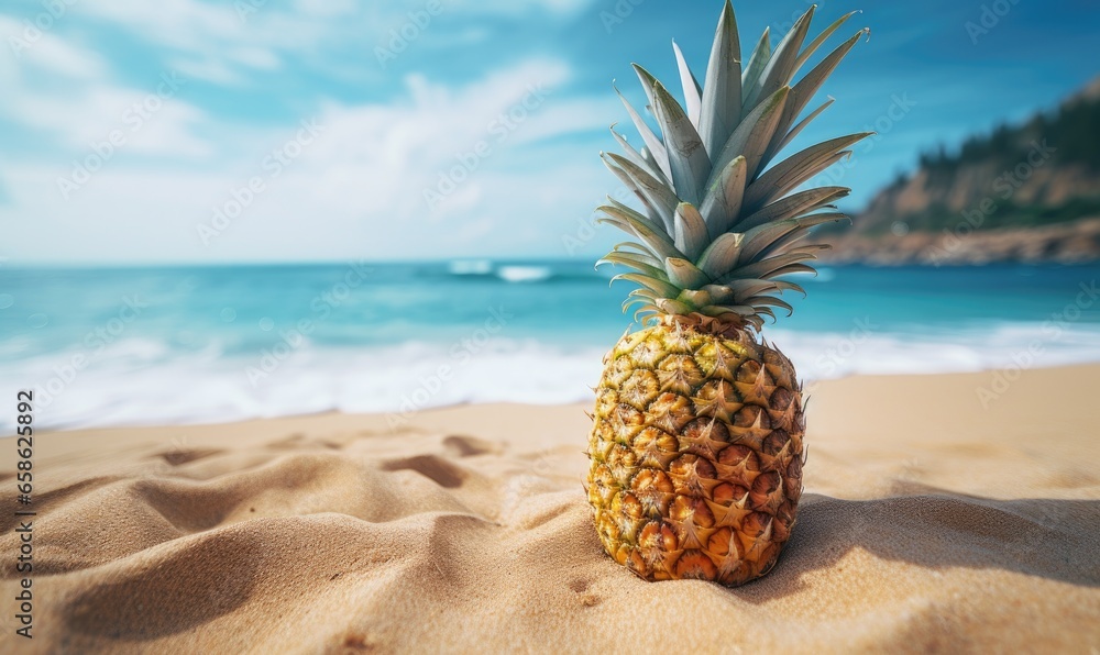 Pineapple fruit on sandy tropical beach with blue sky and sea water, blue ocean background with copy-space. Leisure in summer and holiday vacation concept. Pineapple fruit on sandy tropical beach with blue sky and sea water, blue ocean background with copy-space. Leisure in summer and holiday vacation concept.
