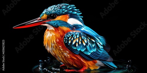 Painted colorful kingfisher  animal, they show off in beautiful colors. isolated black background. Pattern for t-shirt printing, Generative AI © dm