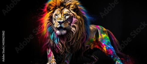 Painted colorful lion  animal  they show off in beautiful colors. isolated black background. Pattern for t-shirt printing  Generative AI
