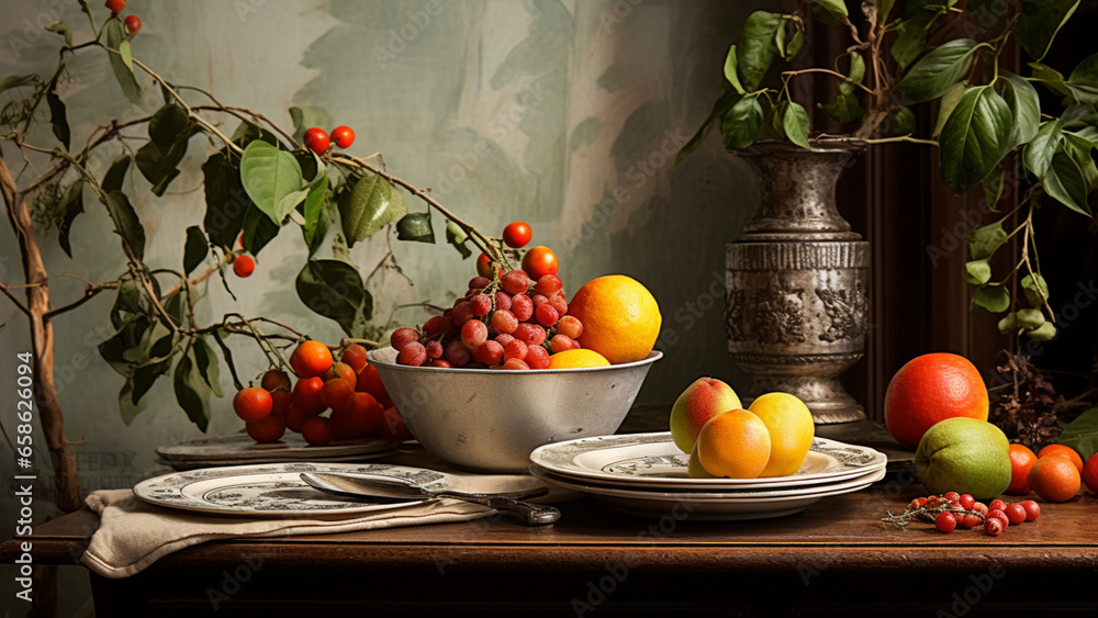 classic and rustic eating utensil, fruits, vegetables, food and plates