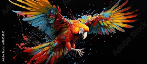 Painted colorful parrot animal, they show off in beautiful colors. isolated black background. Pattern for t-shirt printing, Generative AI