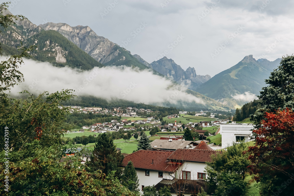 Obraz premium Wonderful view from the balcony of the Alps and the Austrian villages of Fulpmes and Medraz