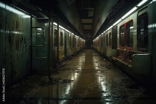 A subway train is parked in a dark location. This image can be used to depict urban transportation or nighttime city scenes.